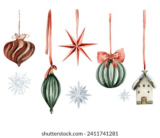 Watercolor set of ornaments for Christmas tree hanging on red ribbons. Thematic trendy elegance vintage toys on white backdrop: balls, house, star, cone. Hand drawn atmospheric winter collection - Powered by Shutterstock