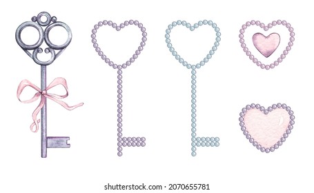 Watercolor Set Of Provence. Key, Brooch, Heart, Pendant, Precious Stones, Button, Pearls, Bow. Isolated On White Background. Hand Drawn Illustration. For Valentine Or Birthday Cards, Linen, Textile.