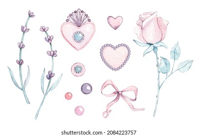 Watercolor Set Of Provence Lavender, Rose, Heart, Brooch, Pendant, Precious Stones, Button, Pearls, Ribbon. For Valentine, Birthday Cards, Mother Day, Linen, Wrapping Paper, Wallpaper, Textile.