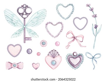 Watercolor Set Of Provence. Wings Key, Brooch, Lavender, Heart, Pendant, Precious Stones, Button, Pearls, Bow, Ribbon. For Valentine Or Birthday Cards Linen Wrapping Paper Wallpaper Textile