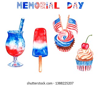 Watercolor set of red, white and blue patriotic desserts, isolated on white background. Layered cold drink, cupcakes, popsicles, decorative flags with stars and stripes. Memorial day party decor.
