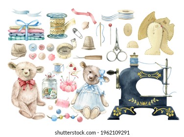 Watercolor set for sewing production  Sewing machine  patterns  needles  thread  buttons  ribbons  scissors  sewing accessories  two teddy bears 