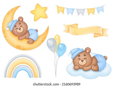 Watercolor Set Of A Sleeping Bear On A Cloud, On The Moon. Babyshower Boy Watercolor Clipart