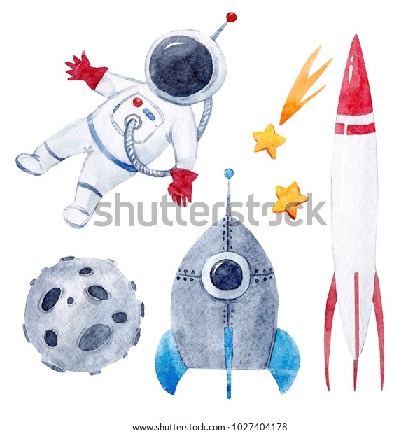 宇宙服 宇宙服 ロケット 落星 月の水色のイラストセット のイラスト素材