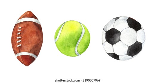 Watercolor set of sport balls set like rugby or american football, soccer and tennis. Hand draw illustration isolated on white background. - Powered by Shutterstock