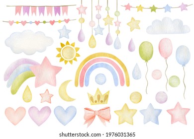 Watercolor Set Of Star, Rainbow, Raindrop, Cloud, Sun, Moon, Crown, Flags For The Holiday Isolated On White Background.