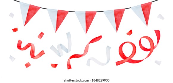 Watercolor set of string garland with red and white triangular flags, confetti and streamers. Hand drawn watercolour sketch, cut out clipart elements for design decoration, greeting card, invitation. - Powered by Shutterstock