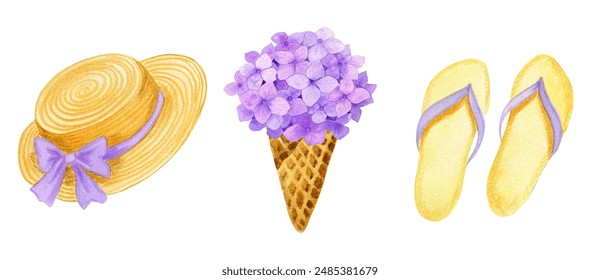 Watercolor set with summer hat, flowers ice-cream cone and sleepers - Powered by Shutterstock