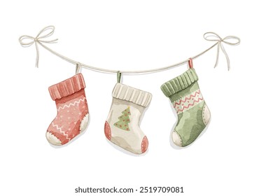 Watercolor set with three knitted winter Christmas stockings with various traditional colorful holiday ornaments hanging on rope isolated on white background. Hand drawn illustration sketch - Powered by Shutterstock