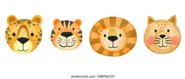 Watercolor set of tiger, leopard, lion, cat faces isolated on white background. Animal.