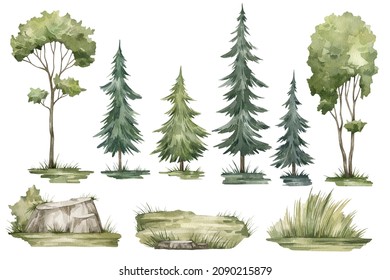 Watercolor set with trees, grass, rocks, fir-trees. Pine, spruce, aspen, hills. Forest elements for landscape