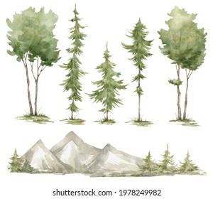 Watercolor Set With Trees, Mountains, Fir-trees. Pine, Spruce, Aspen, Hills. Forest Elements For Landscape