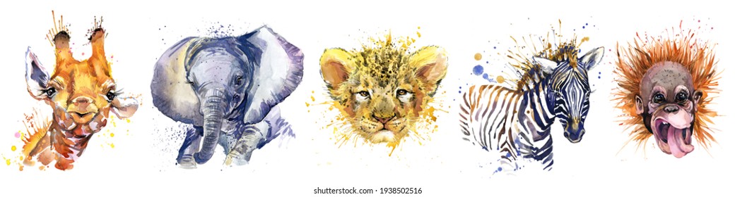 Watercolor set of tropical cute baby animals. elephant, giraffe, lion, monkey, zebra animal. woodland illustration.