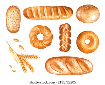 Watercolor Set Of Various Types Of Bread And Pastries .  Watercolour Food Illustration.