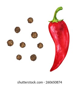 Watercolor Set Vegetable Red Hot Chili Pepper And Spice Black Pepper Seeds, Peppercorn Closeup Isolated On A White Background. Hand Painting On Paper