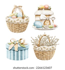 Watercolor set with vintage wicker baskets with colorful Easter eggs and willow bouquet, gift box and holiday cake isolated on white background. Watercolor hand drawn illustration sketch - Powered by Shutterstock