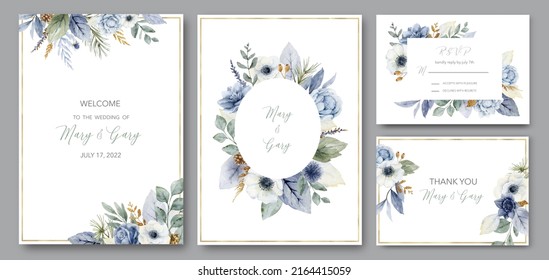 Watercolor set wedding invitation card template design with dusty blue flowers and greenery. - Powered by Shutterstock