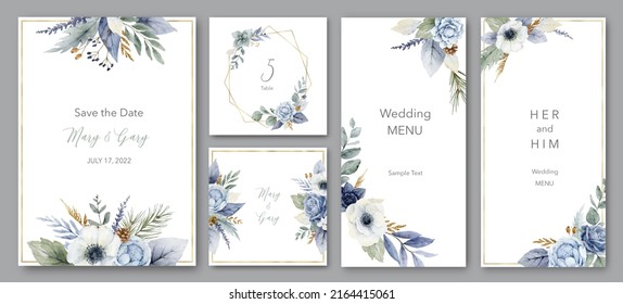 Watercolor Set Wedding Invitation Card Template Design With Dusty Blue Flowers And Greenery.