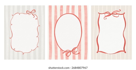 Watercolor set of whimsy frames with ribbons and red bows on delicate simple backgrounds. Collection prints for your text, photo or design card. Hand drawn illustration.