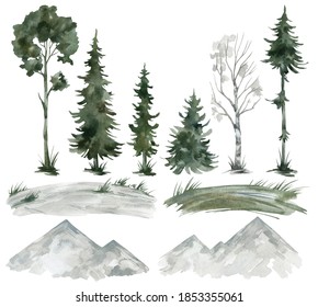 Watercolor Set With Winter Landscape Elements. Trees, Mountains, Fields, Snow. Pine, Spruce, Birch, Needles, Hills. Forest Elements For Landscape Creator