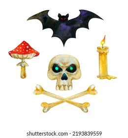 Watercolor Set Of  Witchcraft And Voodoo Items - Bat, Mushroom, Skull And Bones, Candle. Halloween Mystery Elements. Hand Drawn Clipart On White. For Creative Design, Postcard, Scrapbooking, Stickers.