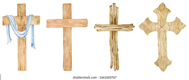 Watercolor set of wooden Christian crosses. Church cross isolated on white background. Abstract religion symbol.