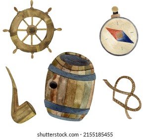 Watercolor Set Of Wooden Sailing Elements. Wine Barrel, Compass, Steering Wheel, Helm, Pipe And Rope