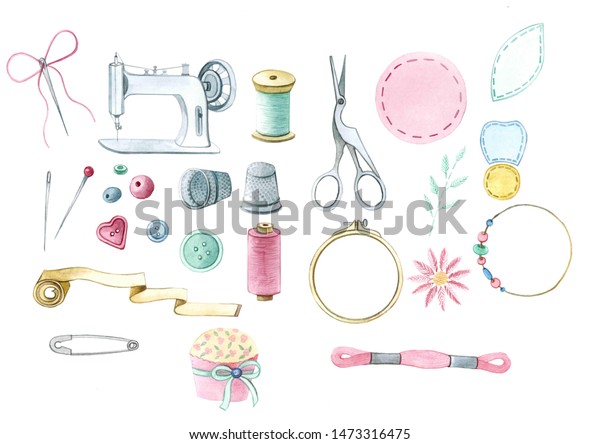Watercolor Sewing Embroidery Set Sewing Machine Stock Illustration ...