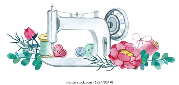 Watercolor Sewing Machine, Needle, Buttons, Peonies.