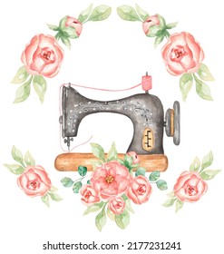 Watercolor Sewing Machine And Peony Flowers Bouquet Frame Clipart, Pink Garden Flower And  Sewing Equipment Illustration. Tailor Shop Logo, Card Making