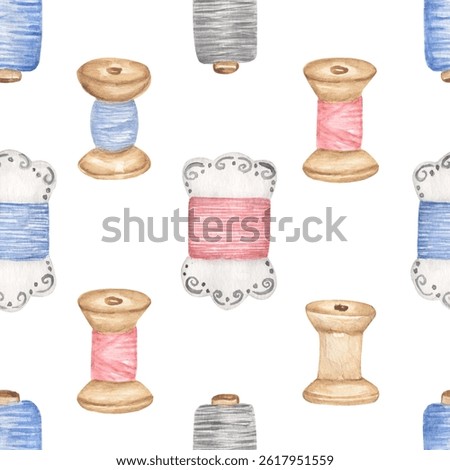 Watercolor Sewing Thread Seamless Pattern, craft repeat paper, spools print