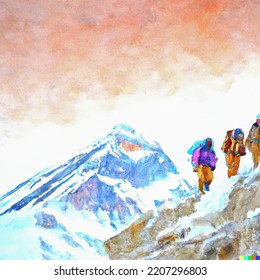 Watercolor Of Sherpas High On Himalayan Mountain Near Everest - Original CGI Illustration