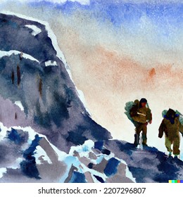 Watercolor Of Sherpas High On Himalayan Mountain Near Everest - Original CGI Illustration