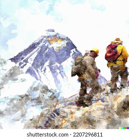 Watercolor Of Sherpas High On Himalayan Mountain Near Everest - Original CGI Illustration