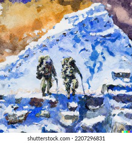 Watercolor Of Sherpas High On Himalayan Mountain Near Everest - Original CGI Illustration