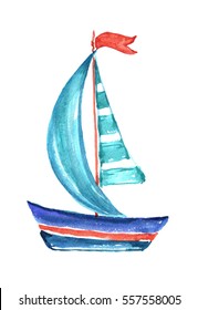Watercolor ship with red flag.