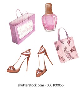Watercolor shopping set. Hand painted fashion objects: pink nail polish, bag, high-heeled sandals, shopping bag isolated on white background. Summer beauty collection