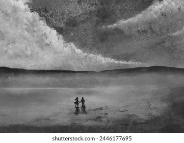 watercolor silhouette landscape romantic night sea couple in love holding hands looking the sky. - Powered by Shutterstock