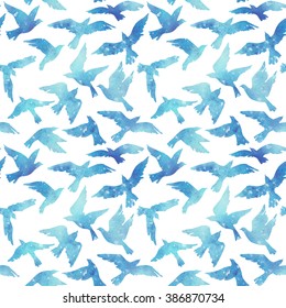 Watercolor Silhouettes Of Flying Birds. Birds Seamless Pattern. Hand Painted Illustration In Natural Colors