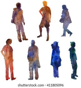 Watercolor Silhouettes Of Men And Women, Clothing People, Painted In Different Colors, Isolated Design Elements At White Background