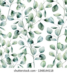 Watercolor silver dollar eucalyptus seamless pattern. Hand painted eucalyptus branch and leaves isolated on white background. Floral illustration for design, print, fabric or background
