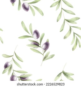Watercolor simple pattern and olive branches  Hand painted seamless background and olive branches  Watercolor olive in white 