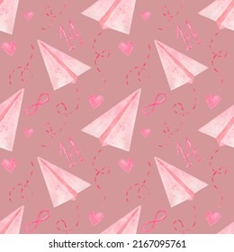 Watercolor Simple Pattern In Pink Tones With Romantic Paper Plane For Valentine's Day, Birthday Or Wedding.