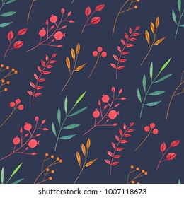 Watercolor simple red and green branches and berries seamless pattern, hand painted on a dark blue background