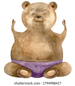 Watercolor sitting bear yoga in purple   Funny bear boy  Bear yoga  Watercolor illustration and cute bear yoga