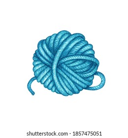 Watercolor Skein, Ball of turquoise blue Threads, wool Knitting Yarn Clew. Needlework, knitting, crochet, Hand Made Hobby. Hand drawn element isolated for knitters blog design, logo, pattern, poster