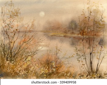 Watercolor sketch: Autumn sunrise, the sun in the haze