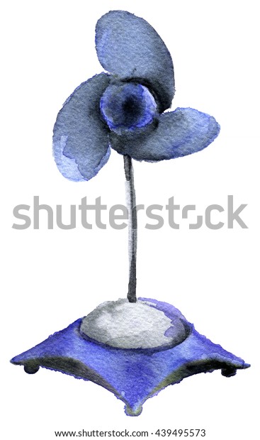watercolor\
sketch of blue fan on a white\
background