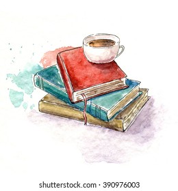 watercolor sketch with books and a mug. It can be used for card, postcard, cover, invitation, birthday card, knowledge day