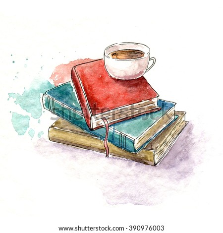 watercolor sketch with books and a mug. It can be used for card, postcard, cover, invitation, birthday card, knowledge day